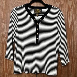 Ralph Lauren Black Label Striped Henley Top Black White Gold Button 3/4 Sleeve L
